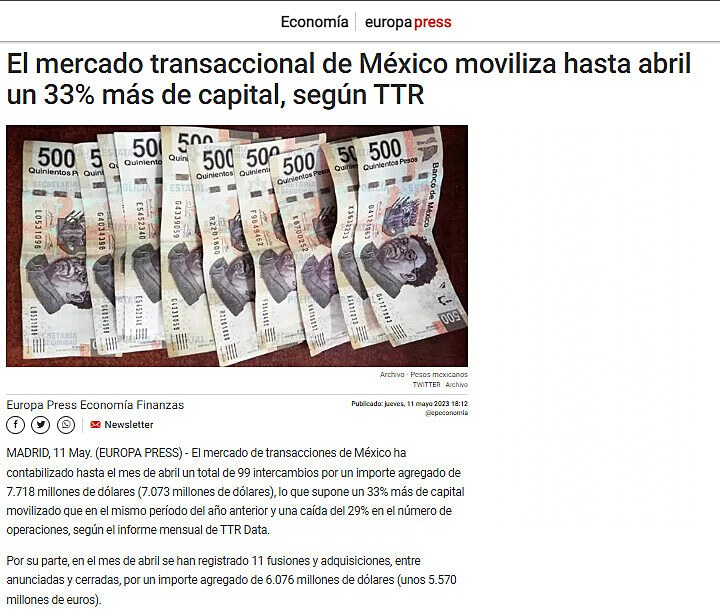 El mercado transaccional de Mxico moviliza hasta abril un 33% ms de capital, segn TTR